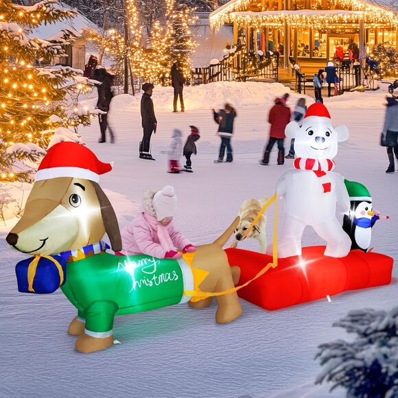 ⚡8FT Christmas Inflatables Weiner Dog Sleigh Bear&Penguins Outdoor Decorations - Picture 4 of 7